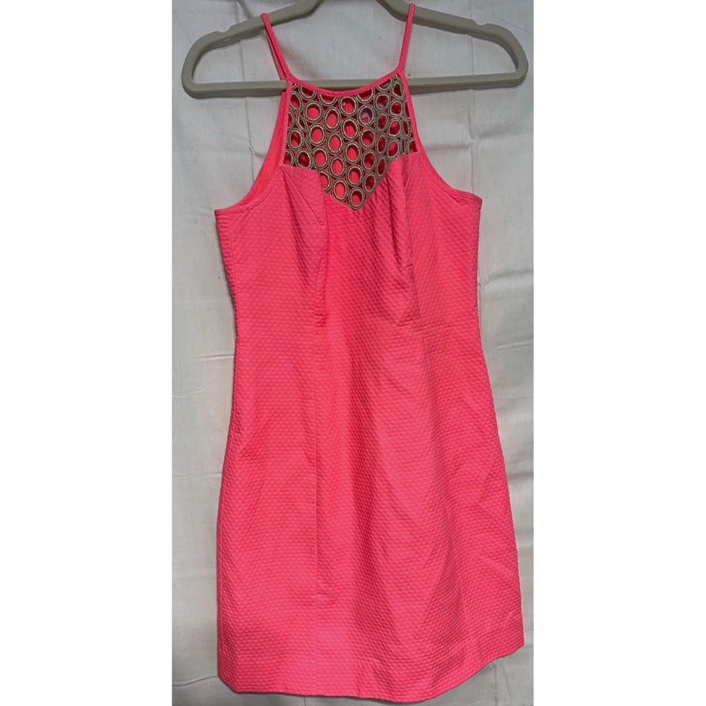 Lilly Pulitzer Largo Shift Dress Size 2 Pink Sun Ray Gold Cutout Neck Seersucker